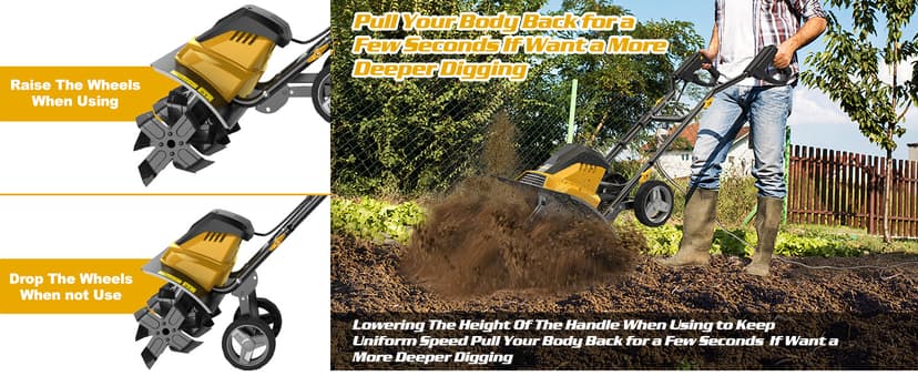 EVEAGE 18-Inch 13.5AMP Rototiller for Garden Corded Electric Tiller Machine 4'' - 8'' Farm Tilling Depth, Foldable Handle 6x4 Tines with Adjustable Wheels