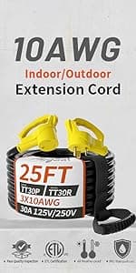 30 FT 50 Amp RV/EV Extension Cord Outdoor with Grip Handle, 4 Prong Flexible Heavy Duty 6/3+8/1 Gauge STW RV Power Cord Waterproof, NEMA 14-50P to 14-50R, Black-Yellow, ETL Listed