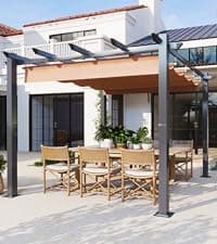 Aoxun 10'x10' Outdoor Pergola, Retractable Adjustable Roof, Aluminum Sun Shade Canopy, Modern Metal Patio Brown Shade Cover for Garden, Backyard and Deck