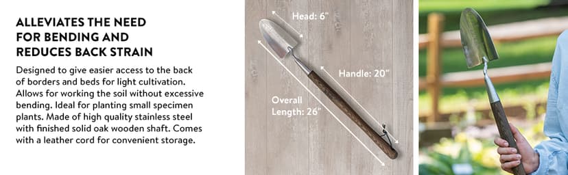 Burpee 26" Stainless Steel Durable Trowel with 20" Long Handle, 6" Shovel Head | Leather Strap for Hanging Storage | 10 Year Garden Tool Warranty