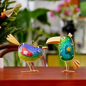 Funny Metal & Glass Bird Decor Set of 3 - Unique Colorful Indoor & Outdoor Garden Statues Whimsical Lawn Decorations Handmade Bird Sculptures Garden Decor for Outside