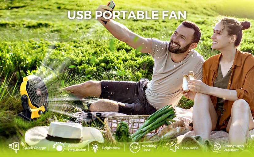 Camping Fan with LED Lantern, 36 Hours 9 Inch Portable Rechargeable Battery Powered Fan with Stepless Speed and Quiet Battery Operated for Picnic, Barbecue, Fishing, Travel, Home, Tent