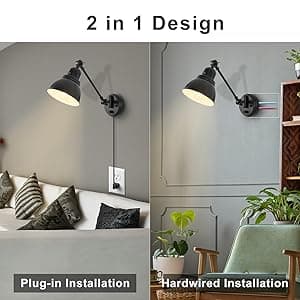 Plug in Wall Sconces, Wall Sconce Lighting with Dimmable On Off Switch, Swing Arm Wall Lamp, Black Metal Industrial Wall Light Fixtures, Safety E26 Base, 6FT Plug in Cord