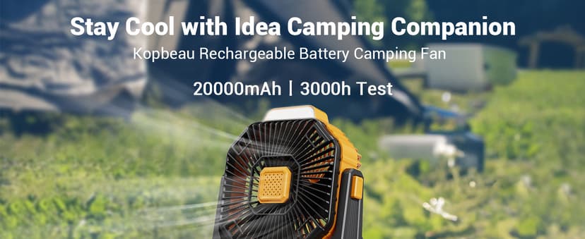 KopBeau Portable Camping Fan with Lights, 20000mAh Rechargeable Battery Operated Fan, Battery Powered Outdoor Beach Tent with 3 Speeds & Hook, Personal USB Table for Camping Accessories
