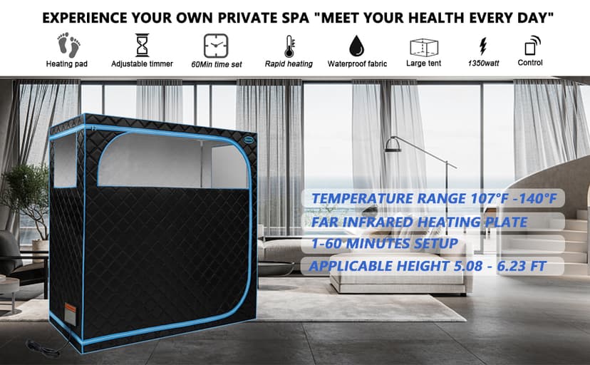 2 Person Infrared Sauna | Full Size Portable Sauna Tent | FAR Infrared Sauna for Home, 1,350watt, Home Saunas with Heating Foot Pad*2, Portable Chair*2, (L56.7 x W31.5 x H59.4, Black)