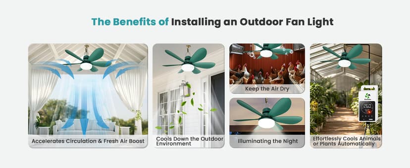 Solar Ceiling Fan Light with Battery, 20" Outdoor Ceiling Fans with Adjustable Thermostat & 2pcs 15W Bifacial Solar Panels, Solar Powered Fan for Gazebo, Chicken Coop, RV (Green)