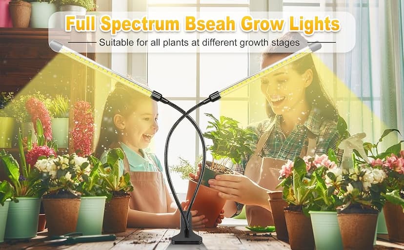 bseah Grow Light Plant Light Indoor Plants, Full Spectrum Clip Plant Growing Lamp, 10-Level Dimmable, Auto On Off Timing 3 9 12Hrs (2 Pack)