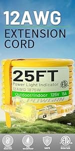 50 ft 12/3 Outdoor Extension Cord Waterproof Heavy Duty with Lighted Indicator End 12 Gauge 3 Prong, Flexible Cold-Resistant Long Power Cord Outside, 15Amp 1875W SJTW Yellow ETL Listed