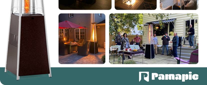 Pamapic Patio Heater, 48,000 BTU Pyramid Flame Outdoor Heater with Cover, Quartz Glass Tube Hammered Bronze Tower Propane Outdoor Heater with Wheels