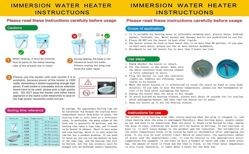 HASTER Portable Pool Immersion water Heater for Inflatable Pool Bathtub,Bucket Heater with 304 SS Guard,Electric Submersible Water Heater with LCD Thermometer,Heat 5 Gallon Water in Minutes In&Out