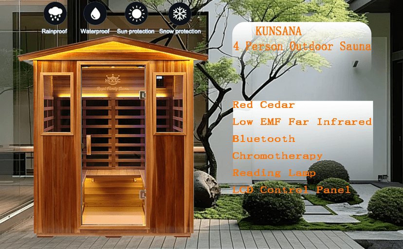 Red Cedar 4 Person Outdoor Ultra-Low EMF(0.5mg) Infrared Sauna, Multi-Person Home Sauna spa, 2160w,12 Heating Panels, LCD Control Panel, Bluetooth Speaker, Chromotherapy Lights, Reading lamp