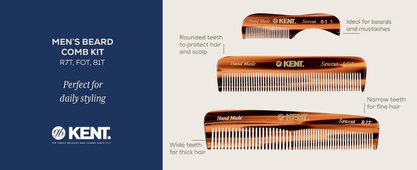 KENT Set Men's Hair Pocket Combs, Tortoise 81T X-Small, FOT All Fine Tooth, R7t Double Toothed Fine and Coarse. Best Hair, Beard and Mustache Grooming Kit for Travel and Home Care, Handmade in England