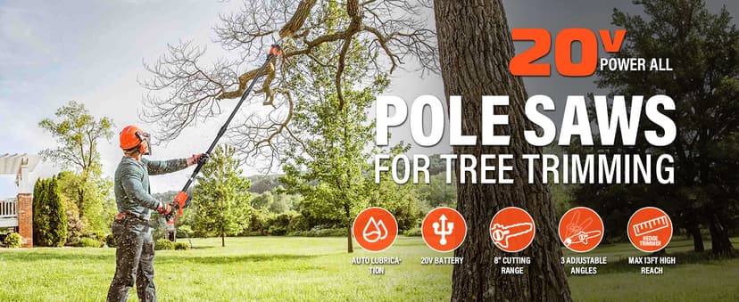 Pole Saw 8-Inch Cordless Pole Saws for Tree Trimming, 15-Feet MAX Reach Electric Pole Saw, 16ft/s Cutting Speed Auto Oiling Multi-Angle Pole Chainsaw with 2 x 20V 2.0Ah Battery & Charger