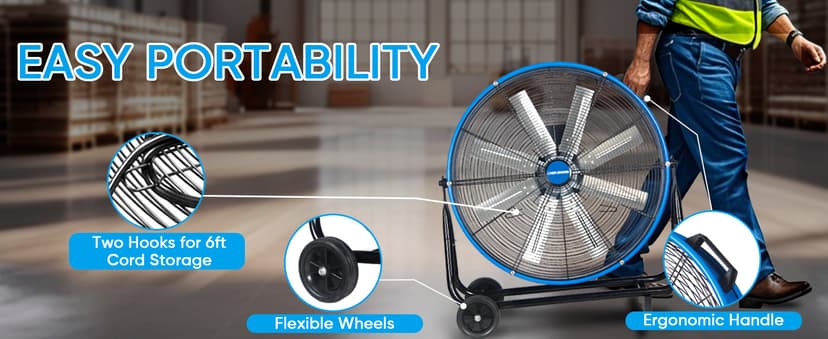 KEN BROWN 24 Inch Industrial Drum Fan, High Velocity Floor Shop Fan, Heavy Duty, 9500 CFM, 8 Blades, 3 Speeds, 360 Degree Tilt, Ideal for Industrial, Commercial, Gym, Garage Use, Blue
