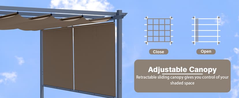 Aoodor 10 x 10 ft Outdoor Pergola with Retractable Shade Canopy, Matte Aluminum Frame, 4 Roller Shade Curtains, Grape Trellis for Patio, Backyard, Garden, and Deck, Dark Brown