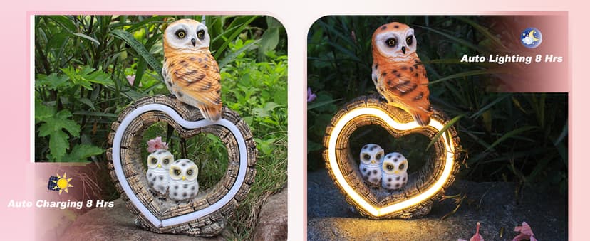 Solar Owl Garden Statue, Outdoor Waterproof Handmade Resin Statue,Garden Sculpture with Solar LED Lights, Warm Owl Statue Decoration, Suitable for Roads, Yards, lawns (Warm Owl Family)