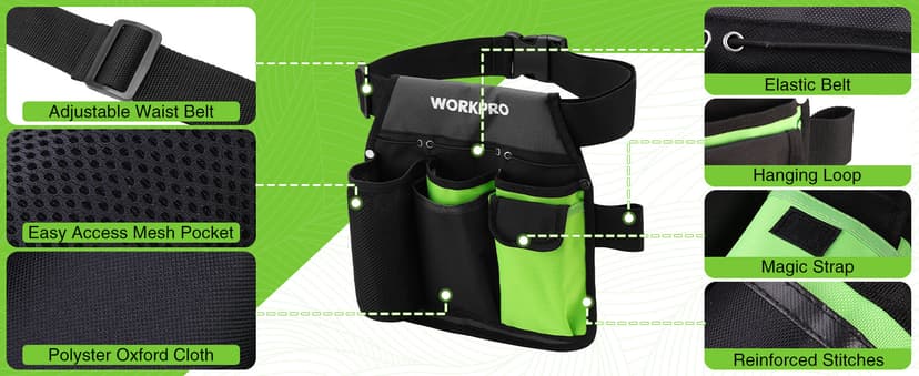 WORKPRO Garden Tool Belt, 5-Pocket Single Side Gardening Tool Pouch with Adjustable Waist Strap, Utility Garden Waist Bag for Women, Ideal for Gardening, Carpentry, and DIY Projects