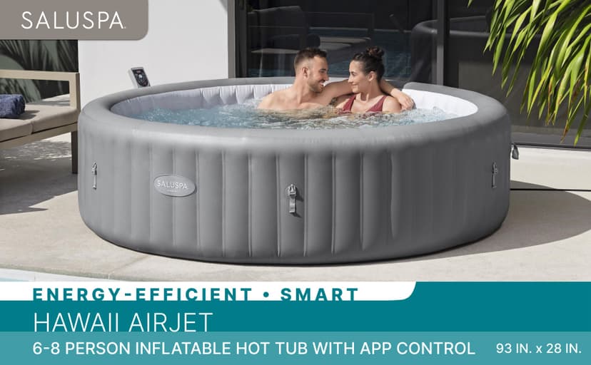 Bestway SaluSpa Hawaii Smart AirJet Inflatable Hot Tub Round Portable 6 to 8 Person Spa with 190 AirJets, App Control and EnergySense Cover, Grey