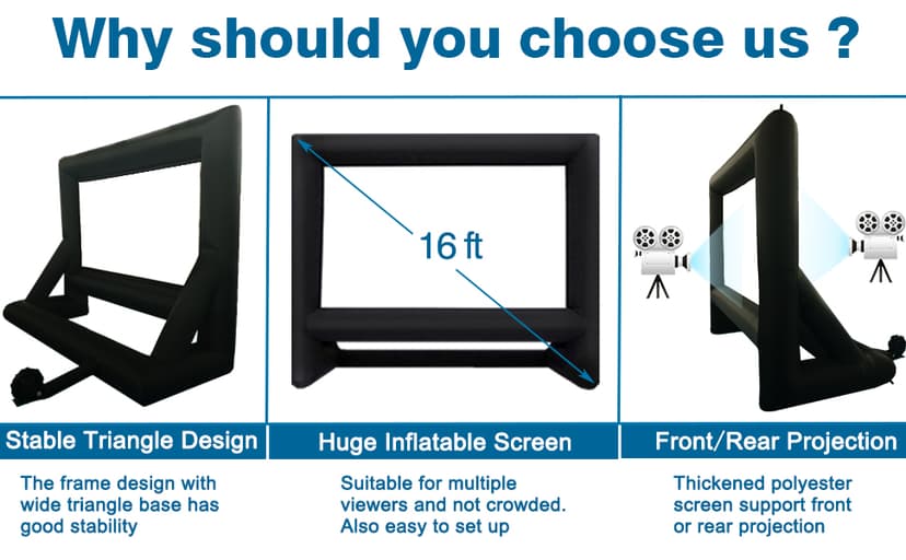 16ft Inflatable Movie Screen Outdoor Projector Screen with Air Blower Storage Bag - Front/Rear Projection, Easy Set Up Blow Up Screen for Backyard Movie Night, Theme Parties, Celebrations