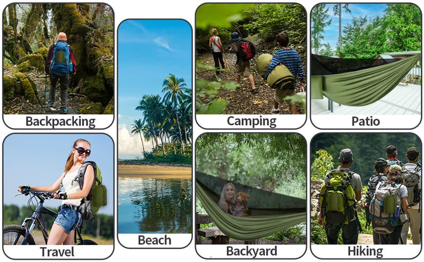 Camping Hammock - Hammocks with Mosquito Net Tent and Rain Fly Tarp, Portable Single & Double Nylon Parachute Hammock with Heavy Duty Tree Strap, Indoor Outdoor Backpacking Survival Travel