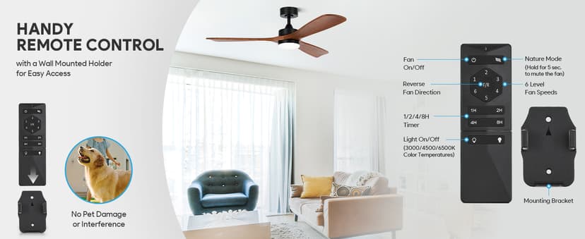 VONLUCE Ceiling Fans with Lights, 52 Inch Ceiling Fan and Remote, 6 Speed Reversible Noiseless DC Motor, 3CCT, Wood Ceiling Fan for Outdoor Indoor Farmhouse Patios, Walnut