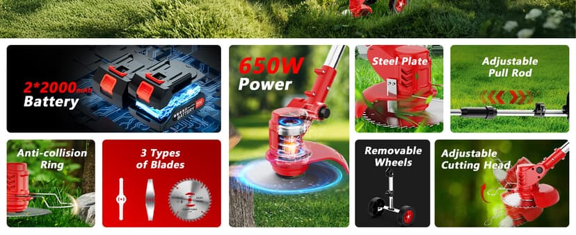 Electric Weed Wacker Cordless with Wheels,21V 2×2000mAh Weed Eater Battery Powered, 6-inch Cordless String Trimmer with 3 Types of Blades, Electric Grass Trimmer,Lawn Edger, Mower for Yard,Garden