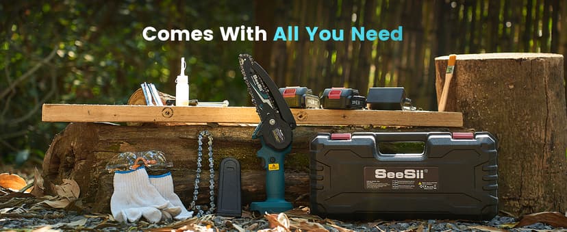 Seesii Mini Chainsaw Cordless 6-inch, Handheld Electric Power Chain Saw with 2 Batteries, for Tree Trimming Wood Cutting, Best Gifts for Dad, Husband