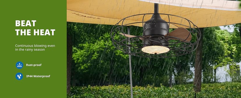 Orison Outdoor Ceiling Fans with Light, 21'' Wet Rated Outdoor Hanging Fan for Gazebo, Plug in Caged Lighting for Pergola Canopy, Hanging with Hook, 3 Color LED Light, Waterproof