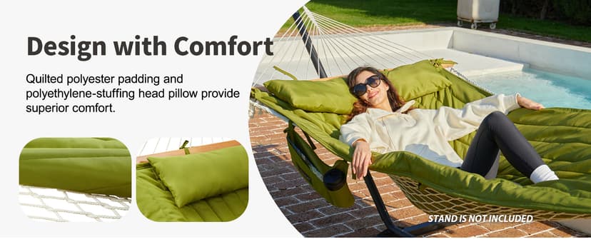 Outdoor Double Hammock with Hardwood Spreader Bars, Cotton Rope Hammock with Polyester Pad and Pillow, 475 LBS Capacity 2 Person Hammock, Large Hammock for Patio Backyard Poolside - Terracotta