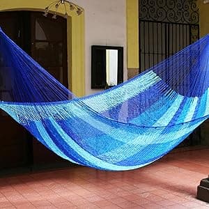 NOVICA Multicolor Sky Blue Striped Hand Woven Nylon Mayan 1 Person Rope Hammock, Blue Caribbean' (Single)