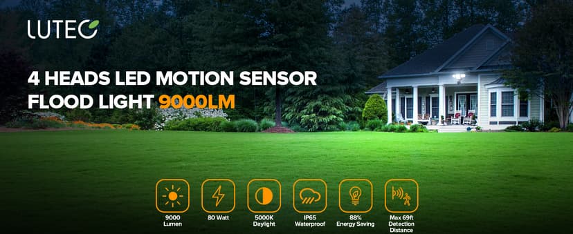 LUTEC 80W 9000LM LED Security Light Motion Sensor Outdoor Lights, 4 Head LED Flood Lights Outdoor 5000K Daylight, IP65 Waterproof, Motion Detected Lights for Outside, House, Garage, Yard (Black)