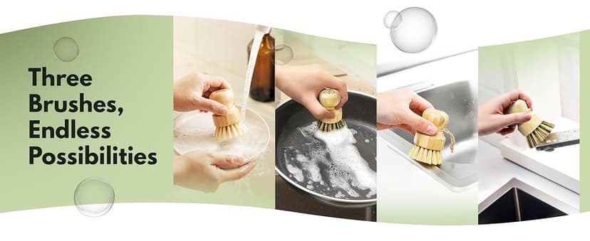 Bamboo Dish Brush Set of 3, 100% Plant-Based Kitchen Dish Brush Bamboo with Sisal and Coconut Bristles, 2 Brush Types, No Scratch Wood Sish Scrub Brush for Dishes, Quick-Drying, Odor Free