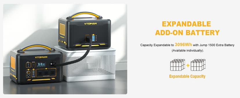 VTOMAN Jump 1800 Portable Power Station 1800W (Peak 3600W), 1548Wh Expandable LiFePO4 Battery Generator with 100W USB-C, 18W USB-C, 12V DC, Jumpstarter, for Power Outages Backup & Outdoor Camping