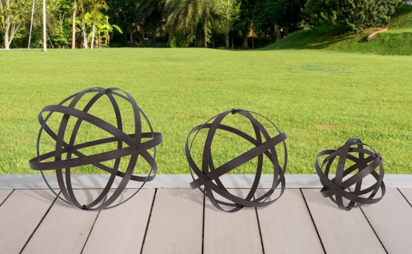 3 PCS Garden Spheres Balls Assorted Size Distressed Metal Band Decorative Sphere Folding Orbs Sculpture for Outdoor Indoor Decorations 7" 10" 12" Diameter (Rusty)