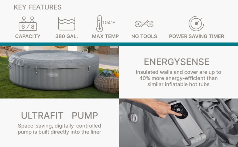 Bestway SaluSpa Hawaii Smart AirJet Inflatable Hot Tub Round Portable 6 to 8 Person Spa with 190 AirJets, App Control and EnergySense Cover, Grey