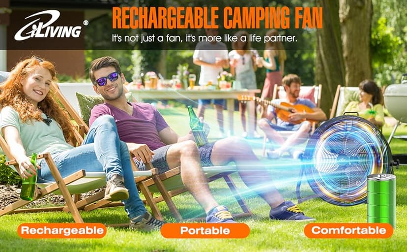 iLiving 18" Rechargeable Battery Operated Camping Floor Fan, High Velocity Portable Outdoor Fan with Metal Blade, With Built-in Lithium Battery for Whole Day Usage, 18 Inches, Military Green