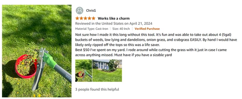 Grootpow WP5 Heavy Duty Weed Puller Tool, Stand Up Dandelion Weeder with 40" Handle, 3 Claws & Fiberglass Foot Pedal, Weeding Tool Made with Cast-Iron, Easily Remove Weeds Without Bending or Kneeling