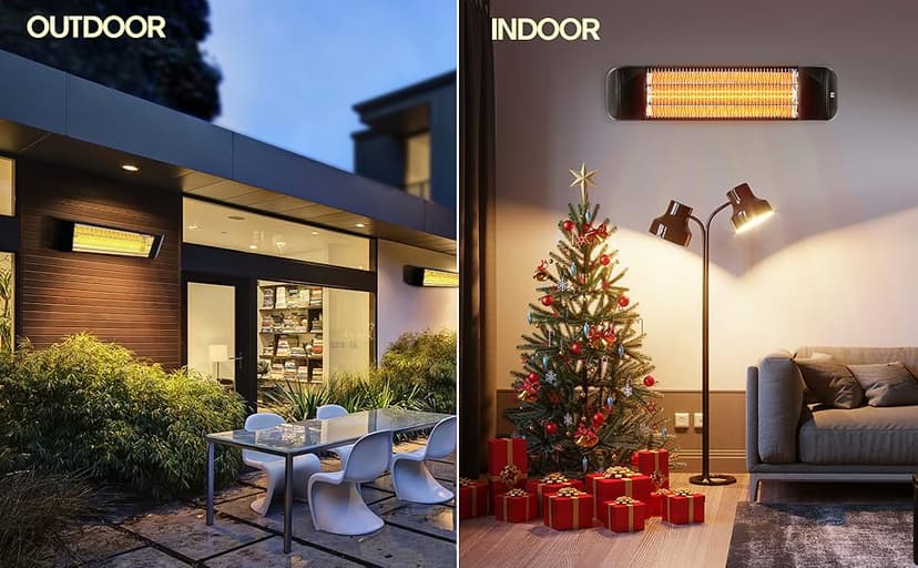 Electric Patio Heater with Remote Control - 1500W Carbon Infrared Outdoor Heaters for Patio, IP65 Waterproof, 2 Levels of Power - 120V Wall Mounted Space Heater for Bedrooms, Backyards, Garages, Black