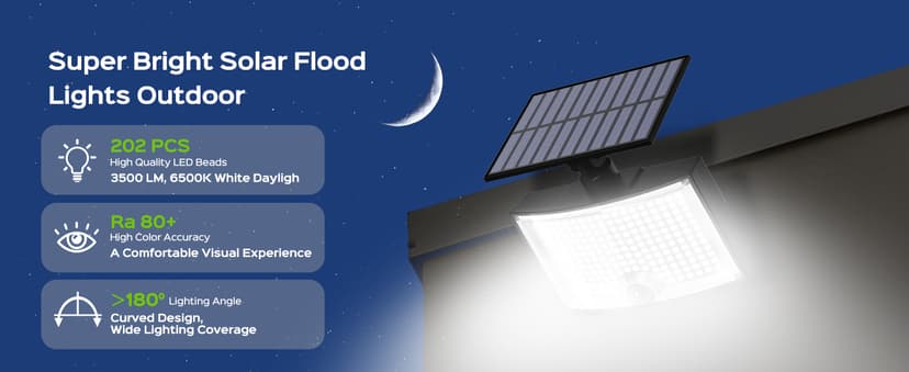 Adiding Solar Outdoor Lights, 3500LM LED Flood Lights with 16.4 Ft Cable, Remote Control Solar Motion Sensor Lights with 3 Modes, Solar Powered Security Lights for Outside Patio, Yard, Garage, 2 Pack