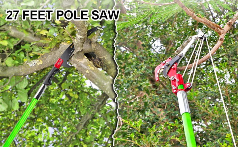 7-27 Feet Extendable Pole Saw for Tree Trimming – Manual Branch Trimmer with Long Handle, Storage Bag, and Green Design – Perfect for Pruning and Cutting High Branches.