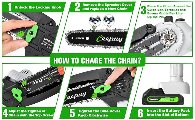 Mini Chainsaw Cordless,6 Inch Portable Electric Chain Saw w/ Automatic Oiler, Battery Powered Small Handheld Saw w/ Security Lock Trees Branches Trimming, Wood Cutting, 2 Batteries 3 Chains