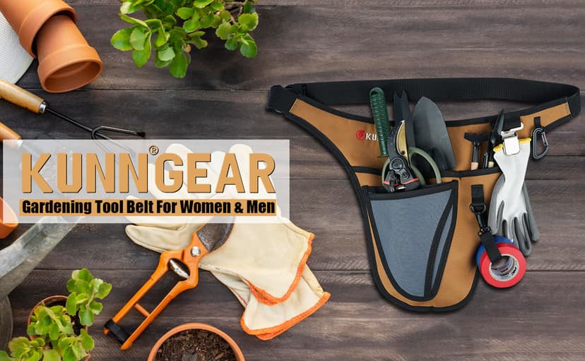 KUNN Garden Tool Waist Belt - 4 Deep Pockets Tool Apron for Women Men,Utility Pouch for Gardening,Electrican,Florists,Plumbing