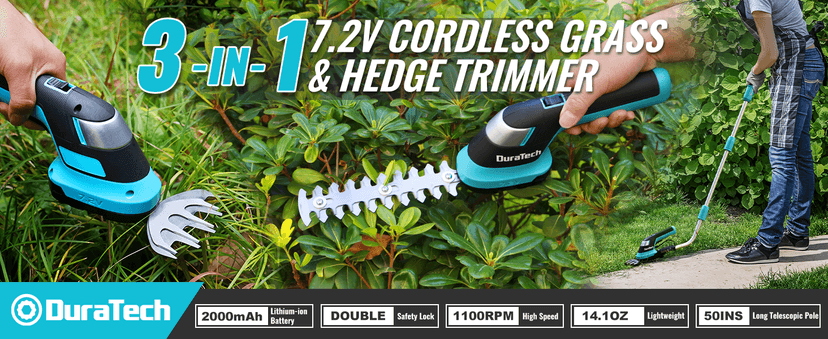 DURATECH Cordless Hedge Trimmer, 7.2V 3-in-1 Handheld Electric Grass Trimmer & Hedge Shears with 50" Wheeled Extension Pole, USB Type-C Cable and Built-in Li-ion Battery, for Garden, Yard and Lawn