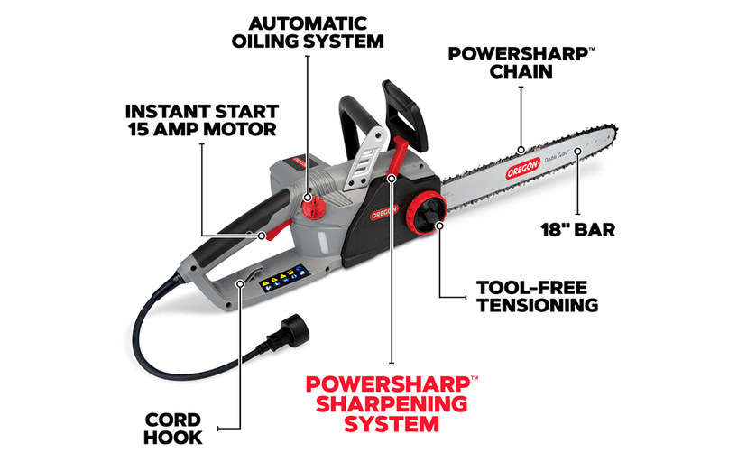 Oregon CS1500 18-inch 15 Amp Self-Sharpening Corded Electric Chainsaw, with Integrated Self-Sharpening System (PowerSharp), 2-Year Warranty, 120V, Grey, Black