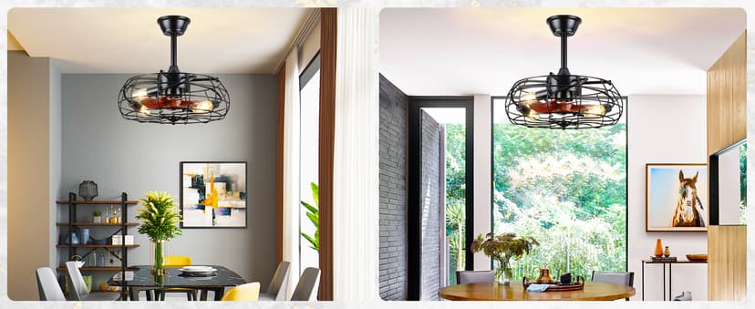 Asyko Caged Ceiling Fans with Lights - Black Outdoor Ceiling Fan with Remote and Reversible Fan Blades, Bladeless Low Profile Fan Light Fixtures for Indoor, Patios, Farmhouse(E26 Bulbs Not Included)