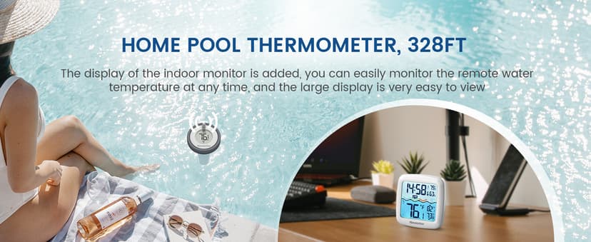 Pool Thermometer Floating Easy Read, Digital IPX8 Swimming Pool Thermometer Wireless, Water Temperature Gauge with Indoor Temperature, Floating Thermostat for Hot Tub/Fish Tank, White
