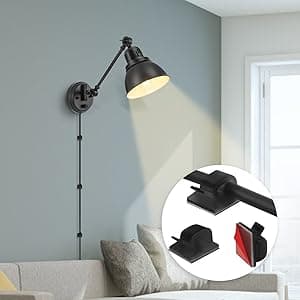 Plug in Wall Sconces, Wall Sconce Lighting with Dimmable On Off Switch, Swing Arm Wall Lamp, Black Metal Industrial Wall Light Fixtures, Safety E26 Base, 6FT Plug in Cord