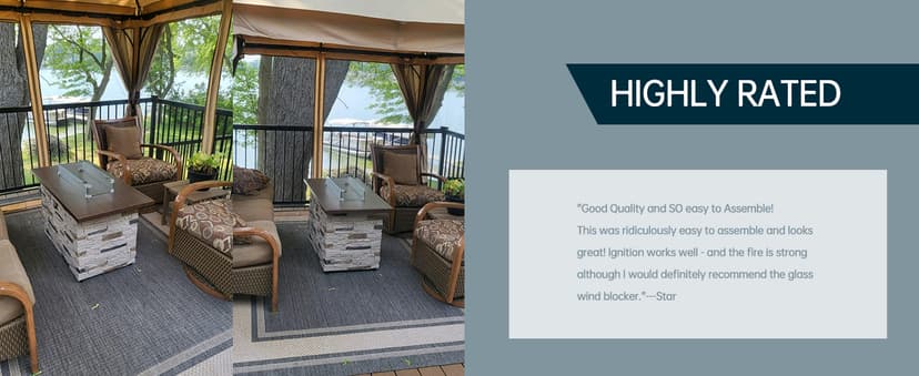 43" Propane Fire Pit Table Outdoor Rectangular Stone Firepit Table 50000 Btu Propane Fire Tables for Outside Patio with Glass Wind Guard, Lid, Fire Glass Beads, Pizzello Caldo (Gray Stone)