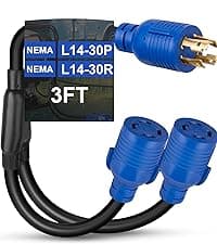 4-Prong 30 Amp Generator Splitter Y Adapter NEMA L14-30P to 2X L14-30R, 10 AWG SJTW Locking Power Cord, 125/250V 7500W for Manual Transfer Switch, Portable Generators & Emergency Power, 3ft
