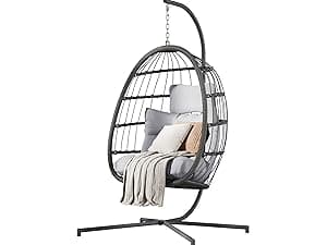 HWB Hanging Egg Chair with Stand, Patio Wicker Hammock Egg Swing Chair with Cushion for Bedroom Garden Indoor Outdoor (Grey)